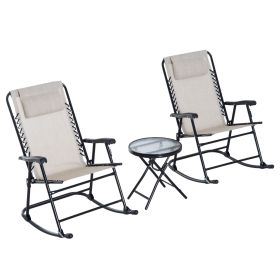 3 Piece Rocking Bistro Set Outdoor Cream White Folding Chairs Glass Coffee Table for Yard Patio Deck