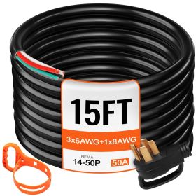 15 ft 50A RV Camp Power Cord Generator Cord 6/3+8/1 AWG NEMA 14-50P to Bare Wire