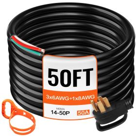 50' 50A RV Camp Power Cord Generator Cord 6/3 + 8/1 AWG NEMA 14-50P to Bare Wire
