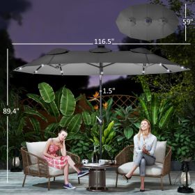 Double-sided Patio Umbrella, 9.7' Outdoor Umbrella With Tilt And Crank, LED Solar Light And 12 Ribs, Gray (Option: gray)